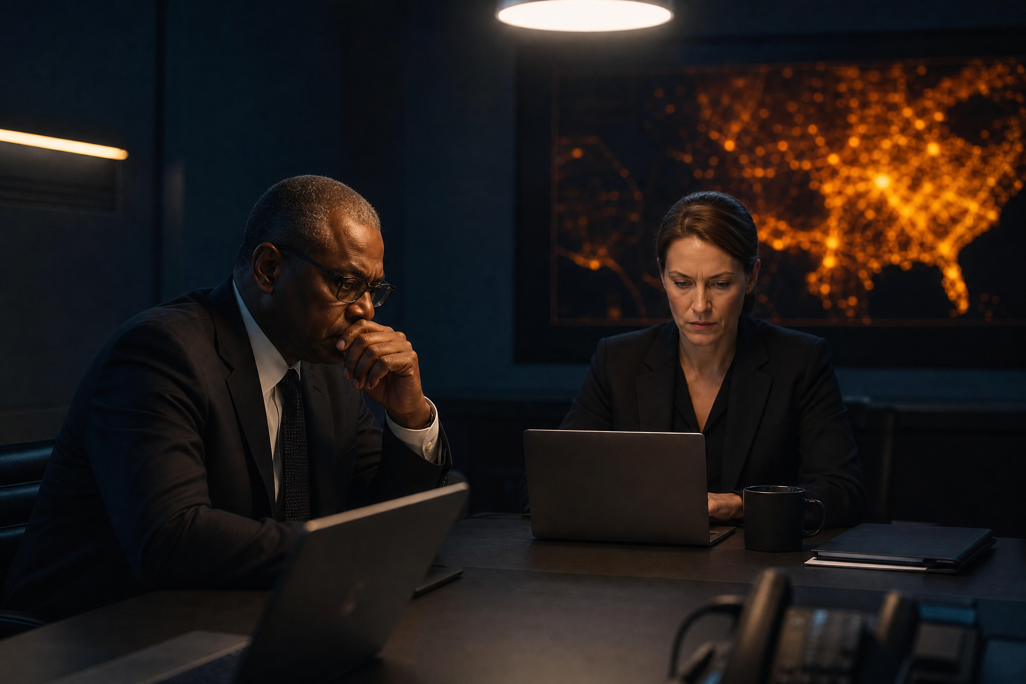 A composed crisis room preparing a statement