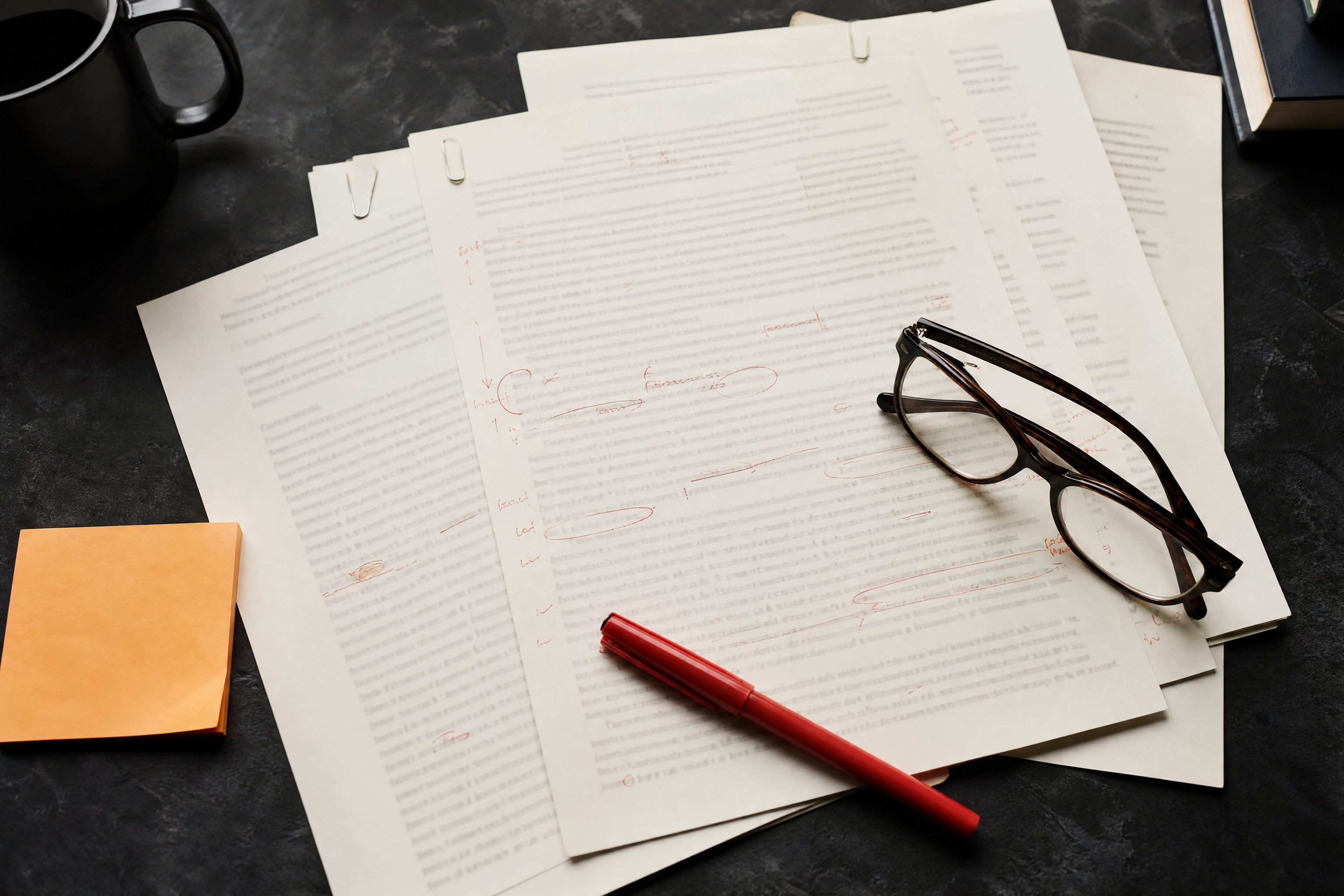 Printed drafts on a dark desk with an editorial red pen, representing human fact-checking of AI output